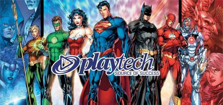 надпись "Playtech" и выстроенные в ряд герои комиксов Марвел