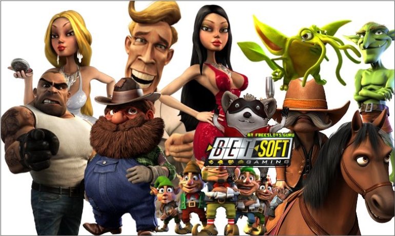 Герои разных слотов Бетсофт Гейминг и фирменная надпись "Betsoft Gaming"