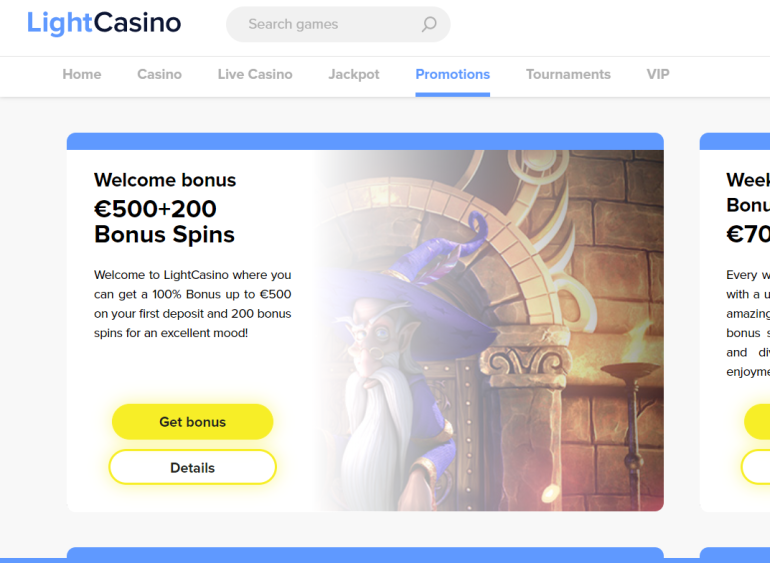 в 100% бонус на первый депозит до €500 в Light Casino вступительный бонус в казино Лайт в