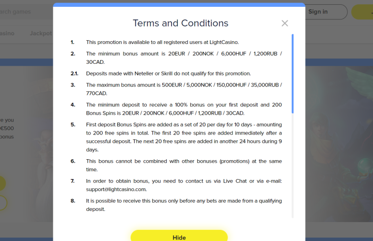в 100% бонус на первый депозит до €500 в Light Casino условия бонуса в