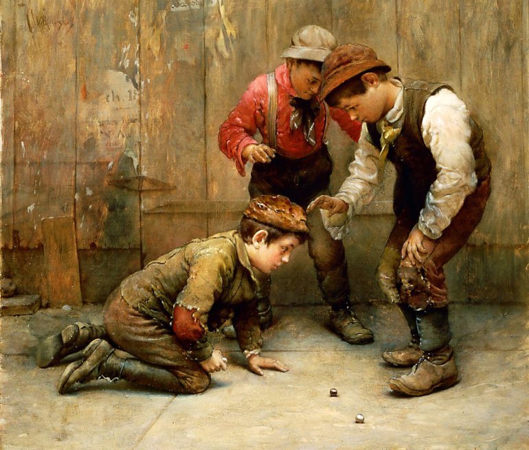 Трое ребятишек играют в кости на полу у забора