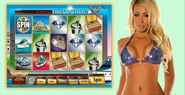 Блондинка с пышным бюстом в откровенном белье презентует игровой автомат онлайн