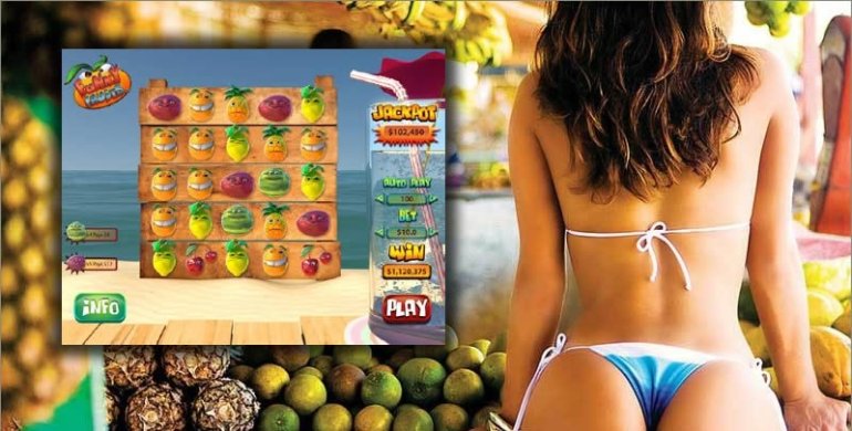 Стоя в откровенной позе задом девушка в бикини презентует игровой автомат Funny fruits