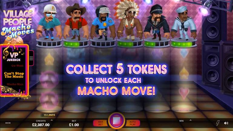 Совместный проект Fortune Factory Studios и Microgaming в Люди из Виллидж: Движения мачо Игровой автомат Village People Macho Moves в Village People Macho Moves