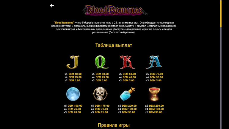 Стоимость символов в Кровавый Романс Таблица выплат в Blood Romance