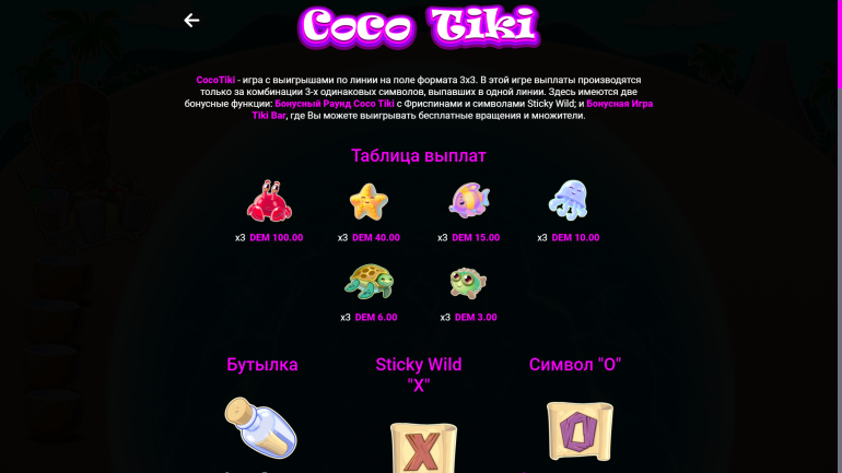 Стоимость символов в Коко Тики Таблица выплат в Coco Tiki
