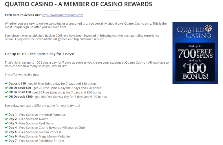 в До 700 фриспинов за депозит в Quatro Casino QUATRO CASINO -информация о наградах в