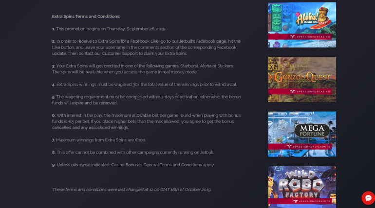 в 10 фриспинов за лайк от Jetbull Casino extra spins terms and conditions в
