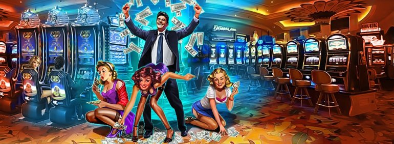 Мужчина, сорвавший джек-пот в казино, швыряется деньгами, а три сексуальных девушки собирают баксы, стоя в откровенных позах