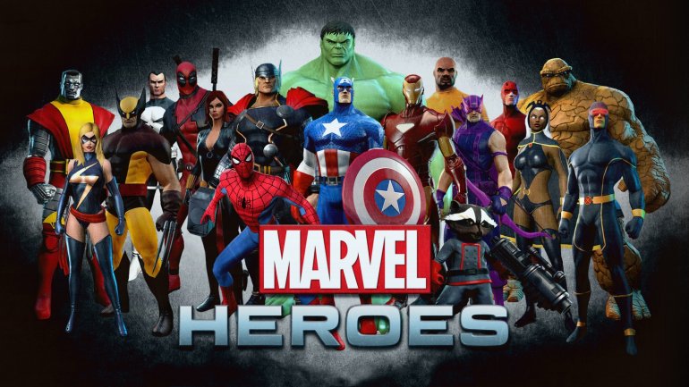Супергерои вселенной Марвел на фоне тьмы и фирменная надпись "Marvel Heroes"